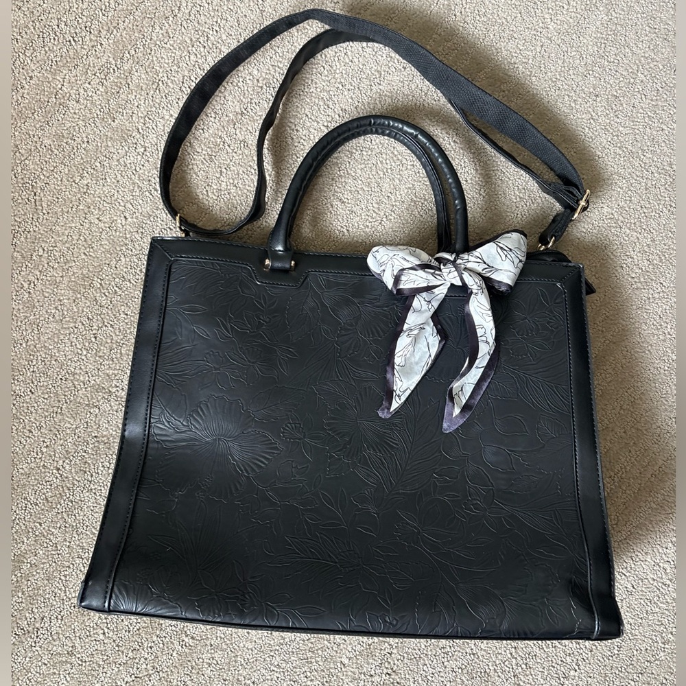 Black Floral-Embossed Laptop Tote with Scarf Accent